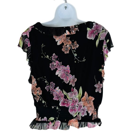 1. State Women's Size XL Floral Flutter Sleeve Smocked Waist Black Green Blouse - Picture 3 of 5